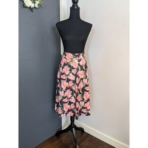 NWT Kate Kasin Black and Pink Peace Lily Print Circle Skirt‎ - XXL